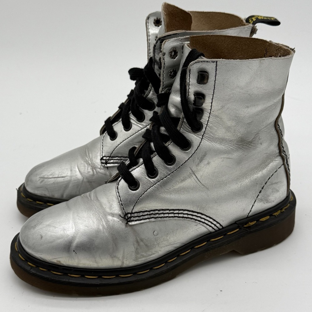 The Original Dr. Martens Women Silver Lace Up Combat Boots 5 Air Cushion See Pic